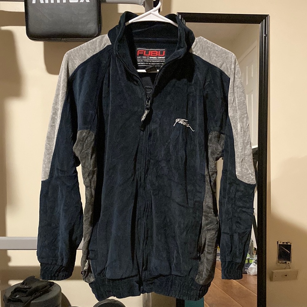 FUBU mens sz M full zip vtg 90s retro varsity jacket windbreaker navy gray suede